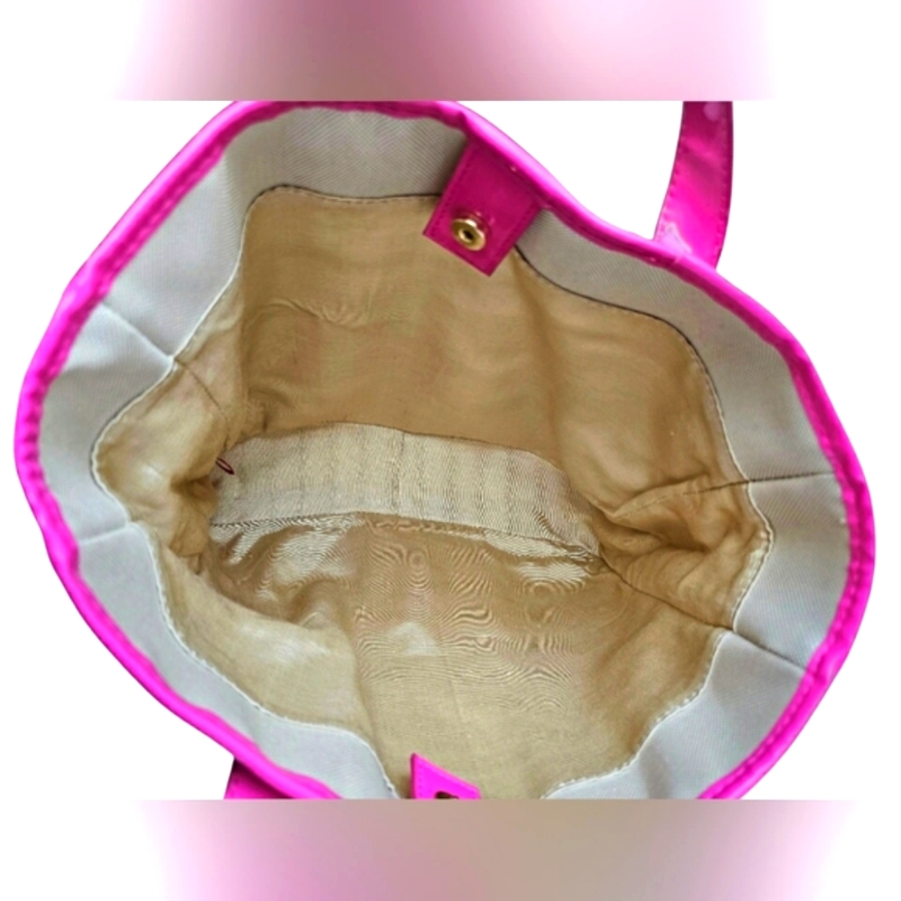 Victoria's Secret Pink Patent Leather & Cream Canvas Large Tote Bag Purse Beach - Picture 11 of 12